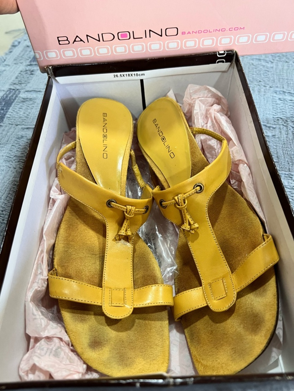 Bandolino Yellow Women’s Leather T-Strap Sandals with Tassel Accent